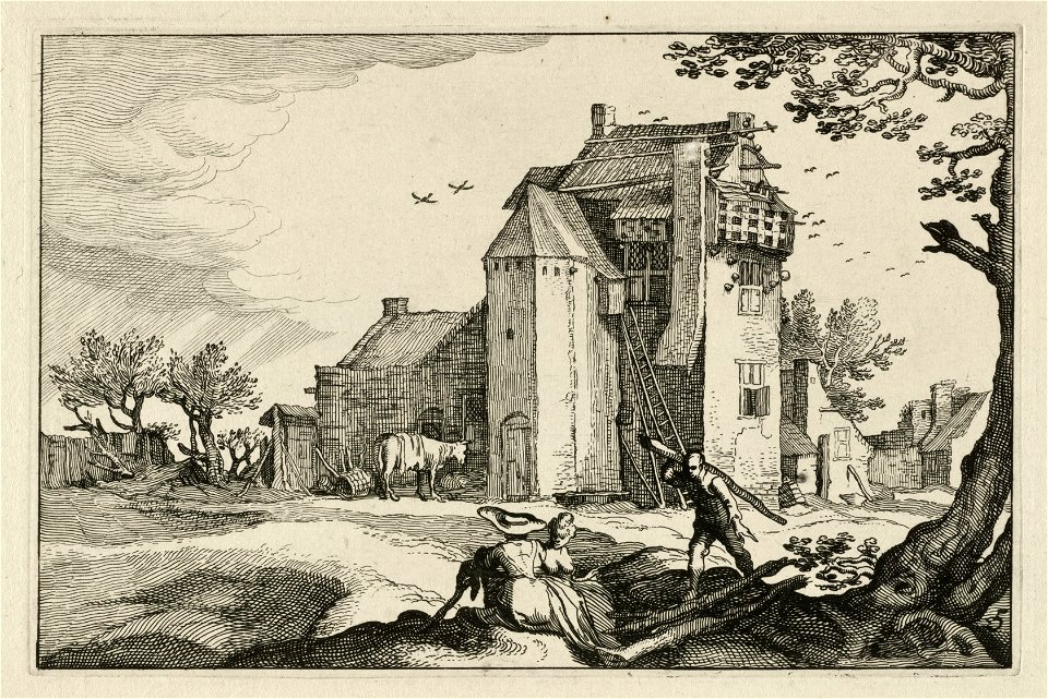 Gezicht op een landschap met een boerderij met een duiventil. Op de voorgrond twee herderinnen en een man die een boomstam op zijn rug draagt. NL-HlmNHA 1477 53013235