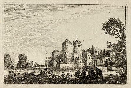 Figuren in een plezierboot op een vijver bij een kasteel. NL-HlmNHA 53012457
