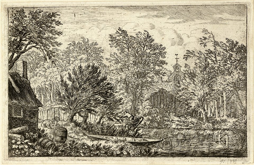 Gezicht op huizen en bomen langs het water. Naast het huis op de voorgrond enkele houten tonnen, daarachter twee varkens en op de oever een roeiboot. NL-HlmNHA 1477 53008010 K