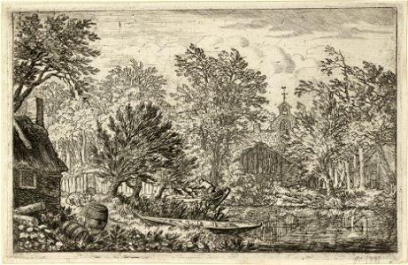 Gezicht op huizen en bomen langs het water. Naast het huis op de voorgrond enkele houten tonnen, daarachter twee varkens en op de oever een roeiboot. NL-HlmNHA 1477 53008010 K