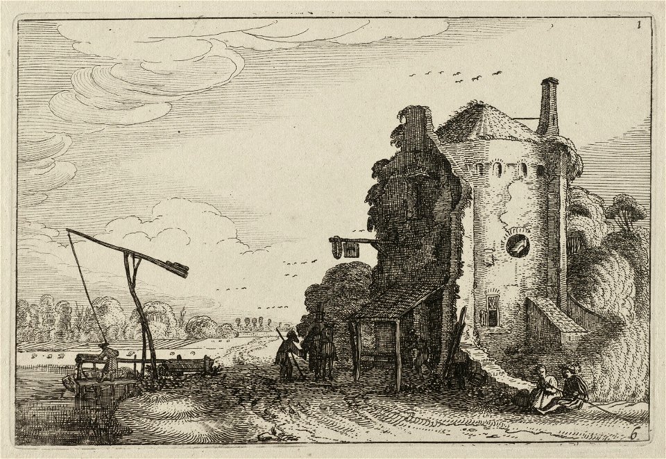 Figuren bij een herberg in een ronde toren en waterhaal. NL-HlmNHA 53012414