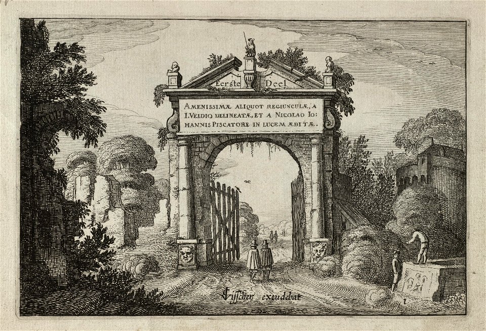 Figuren bij een poort in een landschap. NL-HlmNHA 53012409