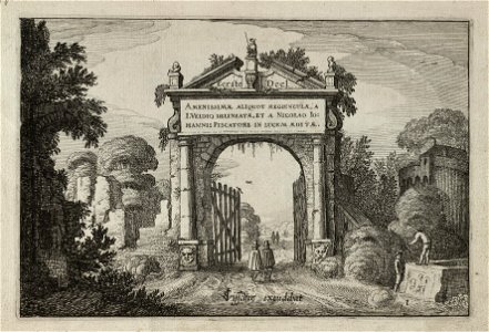 Figuren bij een poort in een landschap. NL-HlmNHA 53012409
