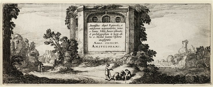 Figuren bij een gebouw in een landschap. Op het gebouw de tittel van de prentenserie. NL-HlmNHA 53012497