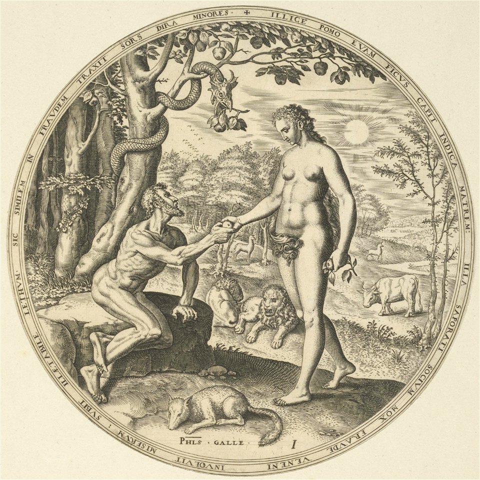 Eva geeft Adam van de verboden vruchten die ze heeft gekregen van de slang. Adam zit onder de boom van kennis op een steen. De slang windt zich om de stam van de boom, in haar bek een tak me, NL-HlmNHA 53008038