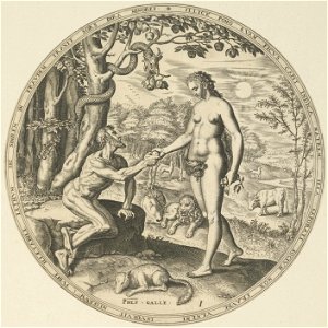 Eva geeft Adam van de verboden vruchten die ze heeft gekregen van de slang. Adam zit onder de boom van kennis op een steen. De slang windt zich om de stam van de boom, in haar bek een tak me, NL-HlmNHA 53008038