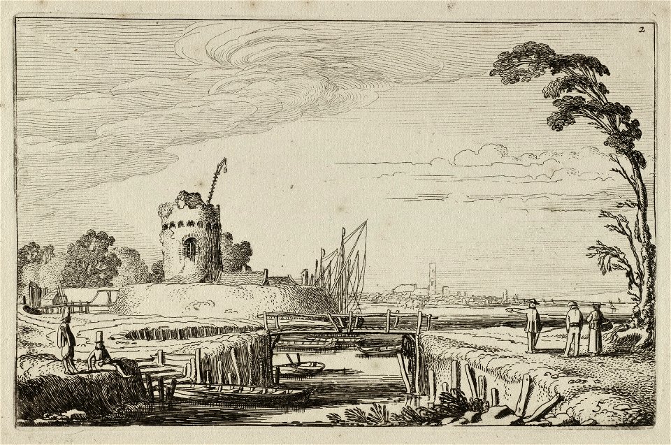 Figuren bij een haven en een toren. NL-HlmNHA 53012424
