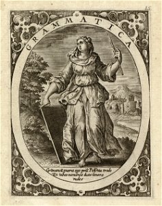 Grammatica, taalkunde een vrouw staand in een landschap, in een ovaal. In de hoeken rolwerk ornamenten. NL-HlmNHa 1477 53008345