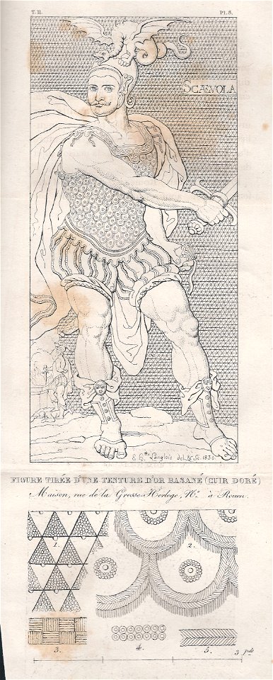 Figure tirée d'une tenture d'or basané (cuir doré) maison rue de la Grosse Horloge n° à Rouen