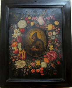 Fiammingo della prima metà del XVII sec, san francesco in una ghirlanda di fiori