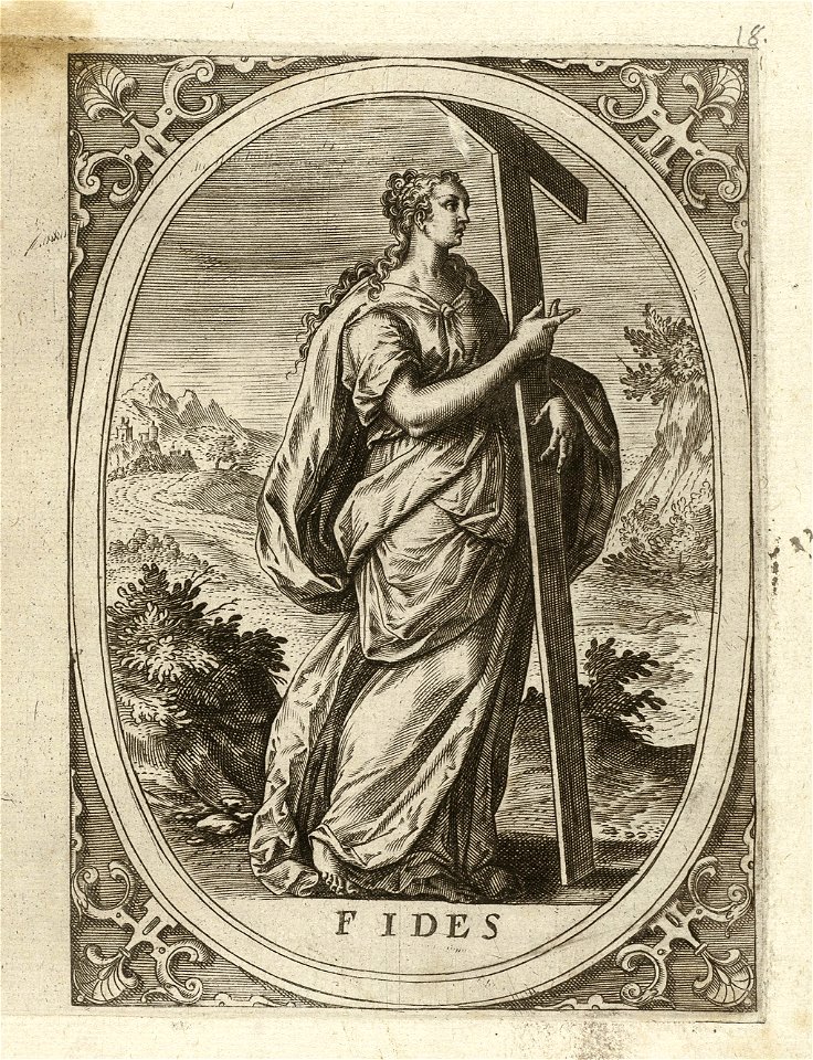 Fides, het geloof een vrouw met kruis staand in een ovaal, in een landschap. In de hoeken rolwerk ornamenten. Prent uit een ongenummerde serie van zeven prenten met de personificaties van d, NL-HlmNHA 1477 53008348