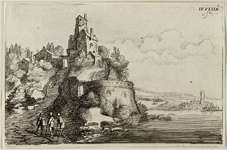 Figuren bij een fort op een heuvel in een rivierlandschap. NL-HlmNHA 53012523