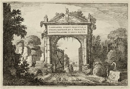 Figuren bij een poort in een landschap. NL-HlmNHA 53012408