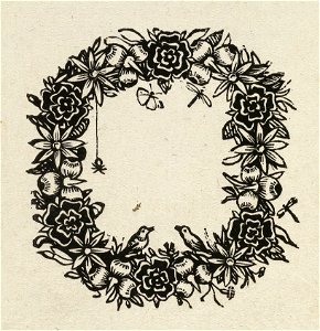 Floraal ornamentkader, cirkelvormig, met vogels, een vlinder, libellen en spinnetje aan een draad. NL-HlmNHA 1477 53010304