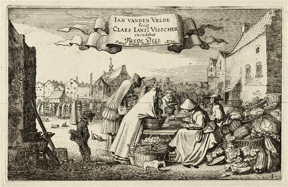 Figuren bij een groentekraam op een markt. NL-HlmNHA 53012417