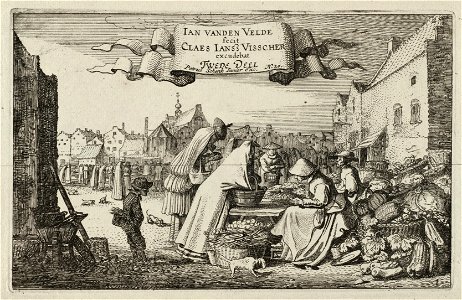 Figuren bij een groentekraam op een markt. NL-HlmNHA 53012417
