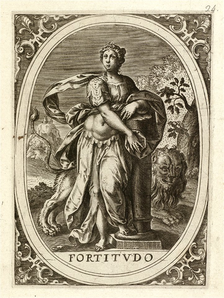 Fortitudo, moed - sterkte - vasthoudendheid - standvastigheid een vrouw staand in een ovaal, in een landschap. Zij leunt op een halve zuil, met achter haar een leeuw. In de hoeken rolwerk o, NL-HlmNHA 1477 53008354