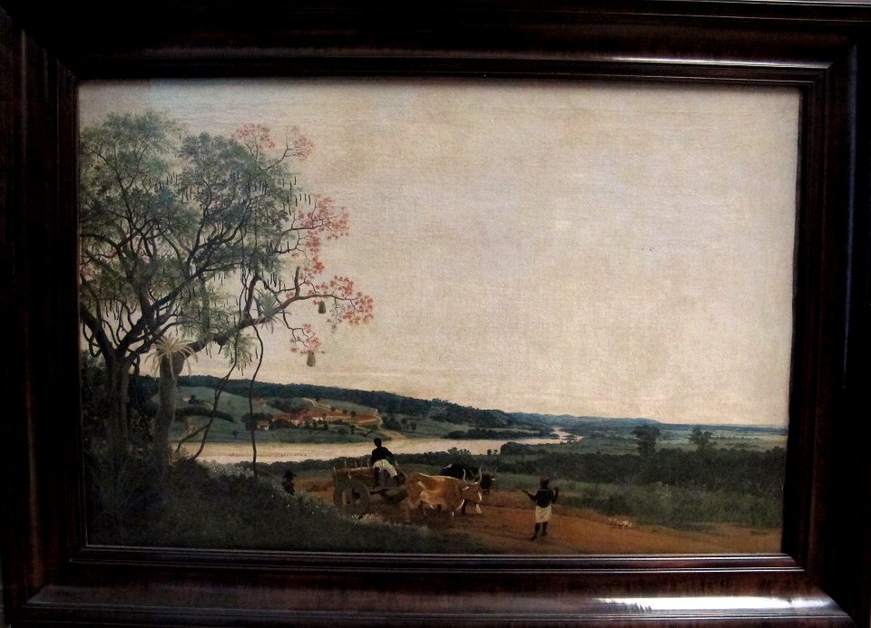 Frans post, paesaggio brasiliano con carretto e buoi, 1638, 01