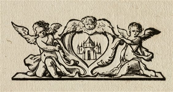 Hartvormig vignet met stadspoort, omgeven door rolwerkcartouche. Links en rechts gesteund door twee knielende putti. Bovenaan een gevleugeld engelen of putto kopje. NL-HlmNHA 1477 53010263