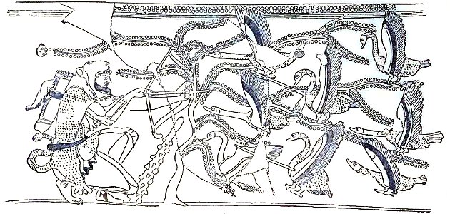 Herakles erlegt mit Pfeilen die stymphalischen Vögel