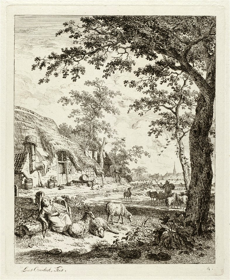Herderin met schapen voor een boerderij. NL-HlmNHA 1477 53011101