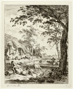 Herderin met schapen voor een boerderij. NL-HlmNHA 1477 53011101