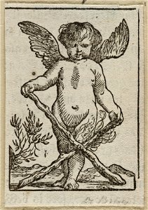 Frontaal staande Cupido met twee gekruiste stokken, waar rook of vlammen van op stijgt. NL-HlmNHA 1477 53010299