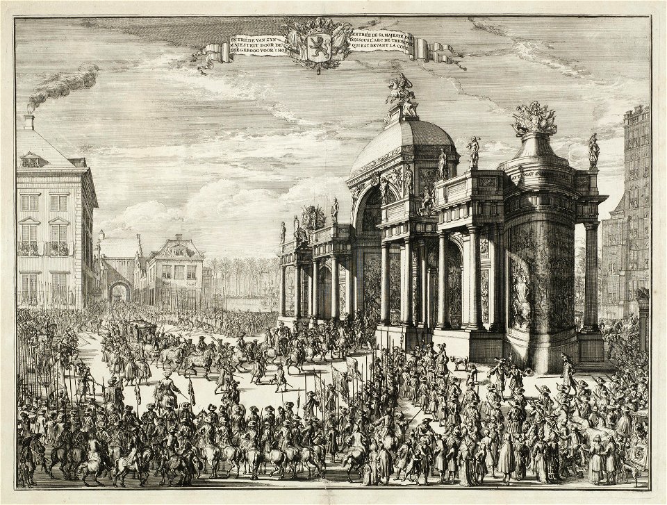 Intrede van Willem III door de triomfboog bij het Buitenhof, 1691. NL-HlmNHA 53009141