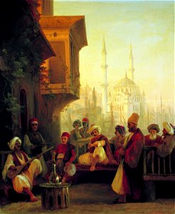 Ivan Constantinovich Aivazovsky - Coffee-house by the Ortaköy Mosque in Constantinople. Free illustration for personal and commercial use.