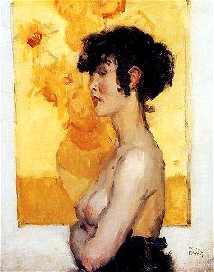 Isaac Israels - Woman before ''Sunflowers'' by van Gogh, 1917. Free illustration for personal and commercial use.