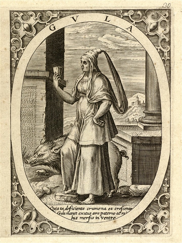 Gula, de onmatigheid - gulzigheid - vraatzucht een vrouw met een wijnbeker in de hand, staand in een landschap, in een ovaal. Achter haar een wild zwijn. In de hoeken rolwerk ornamenten. Pr, NL-HlmNHA 1477 53008360