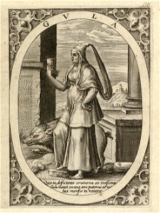 Gula, de onmatigheid - gulzigheid - vraatzucht een vrouw met een wijnbeker in de hand, staand in een landschap, in een ovaal. Achter haar een wild zwijn. In de hoeken rolwerk ornamenten. Pr, NL-HlmNHA 1477 53008360