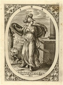 Ira, de woede - toorn - wraak - gramschap een vrouw in wapenuitrusting, staand in een landschap, in een ovaal. Achter haar een beer. In de hoeken rolwerk ornamenten. Prent uit een ongenumme, NL-HlmNHA 1477 53008359