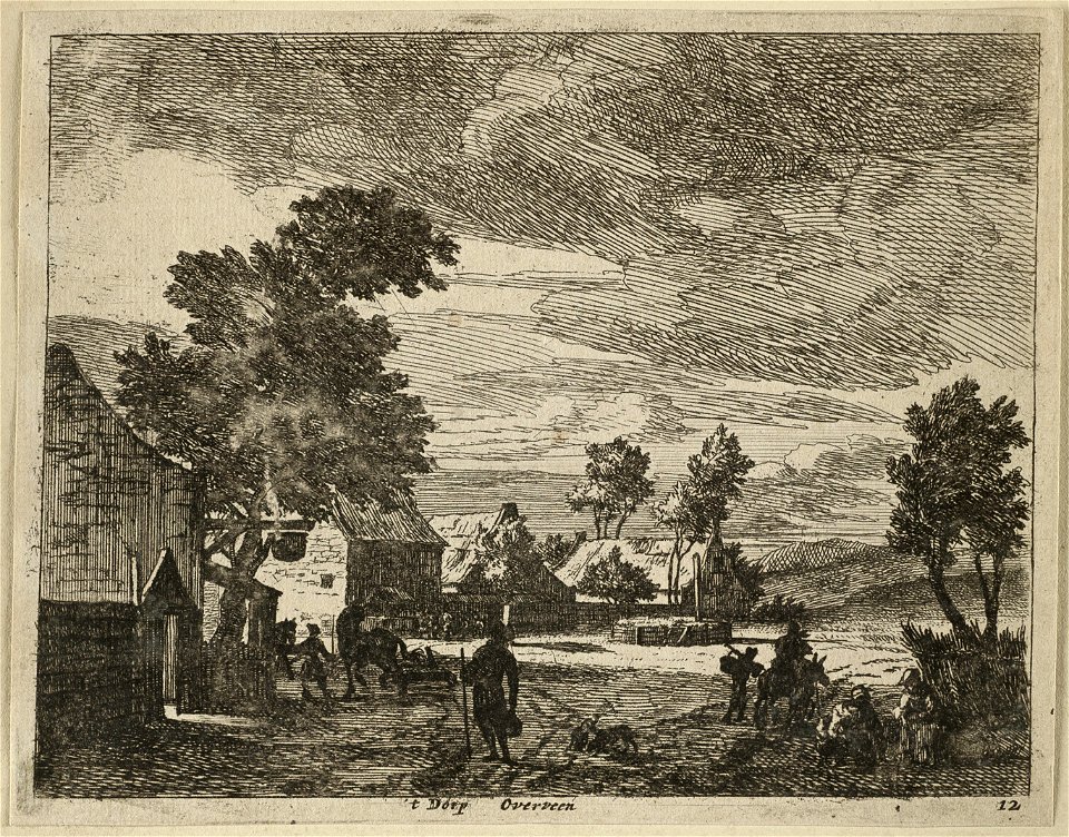 Huizen en een herberg aan een weg te Overveen. Op de voorgrond verschillende figuren en dieren. NL-HlmNHA 1477 53012671