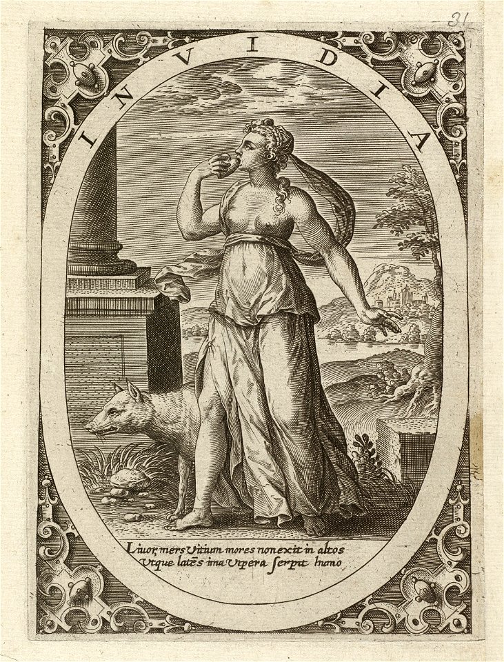 Invidia, de nijd - jaloezie - afgunst een vrouw die in een hart bijt, staand in een landschap, in een ovaal. Achter haar een wolf. In de hoeken rolwerk ornamenten. Prent uit een ongenummerd, NL-HlmNHA 1477 53008361