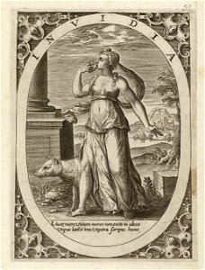 Invidia, de nijd - jaloezie - afgunst een vrouw die in een hart bijt, staand in een landschap, in een ovaal. Achter haar een wolf. In de hoeken rolwerk ornamenten. Prent uit een ongenummerd, NL-HlmNHA 1477 53008361