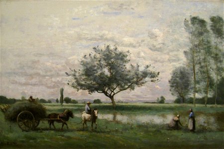 Hay Cart along a River, 1865 to 1870, by Jean-Baptiste-Camille Corot (1796-1875) - IMG 7228. Free illustration for personal and commercial use.