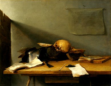 Jan Davidszoon de Heem, Still-life with Books and Skull (Vanitas). Free illustration for personal and commercial use.