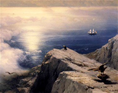 Ivan Constantinovich Aivazovsky - A Rocky Coastal Landscape in the Aegean with Ships in the Distance (detail). Free illustration for personal and commercial use.