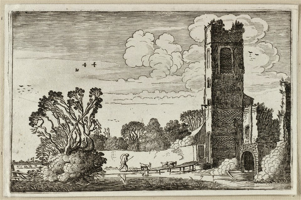 Herder op een brug bij een vervallen toren. NL-HlmNHA 53012400