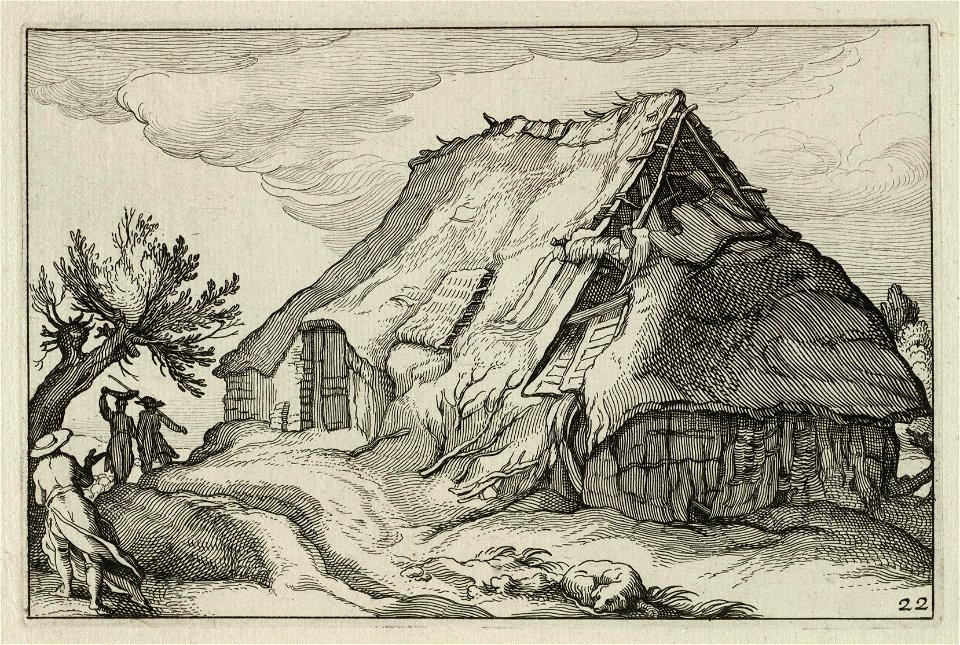 In een glooiend landschap ligt een boerderij met een ingestort dak. Drie figuren passeren het gebouw. Naast de boerderij staat een knotwilg. NL-HlmNHA 1477 53013252