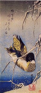 Hiroshige Roseau sous la neige et canard sauvage. Free illustration for personal and commercial use.