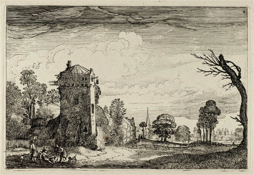 Jagers met honden bij een toren in een landschap. NL-HlmNHA 53012431