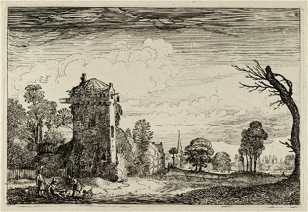 Jagers met honden bij een toren in een landschap. NL-HlmNHA 53012431