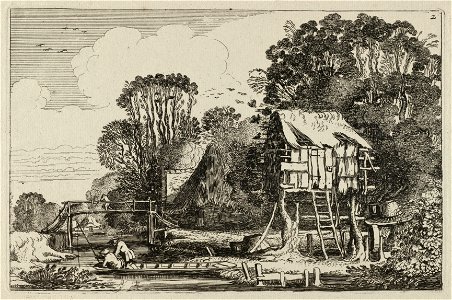 Hengelaars in een boot bij een duiventil. NL-HlmNHA 53012420