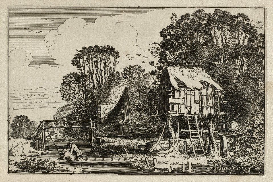 Hengelaars in een boot bij een duiventil. NL-HlmNHA 53012421
