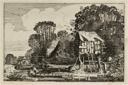 Hengelaars in een boot bij een duiventil. NL-HlmNHA 53012421
