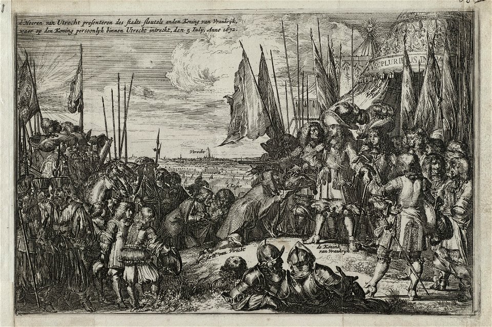Het stadsbestuur van Utrecht overhandigt op 5 juli 1672 de sleutels van de stad aan Lodewijk XIV, koning van Frankrijk. NL-HlmNHA 53009035