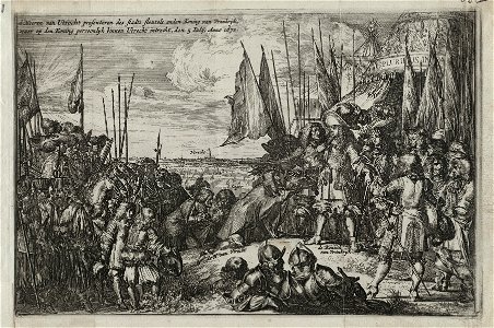 Het stadsbestuur van Utrecht overhandigt op 5 juli 1672 de sleutels van de stad aan Lodewijk XIV, koning van Frankrijk. NL-HlmNHA 53009035