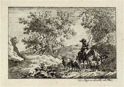 Herder te paard met zijn kudde in een heuvelachtig landschap. NL-HlmNHA 1477 53012162